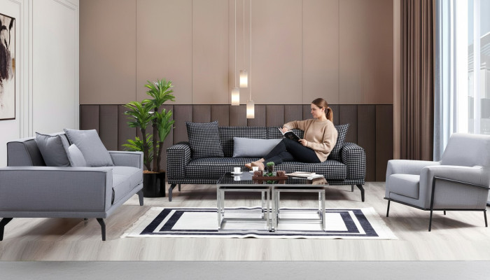 Szary Zestaw sofowy Kompletny zestaw wypoczynkowy sofa tapicerowana sofa materiałowa