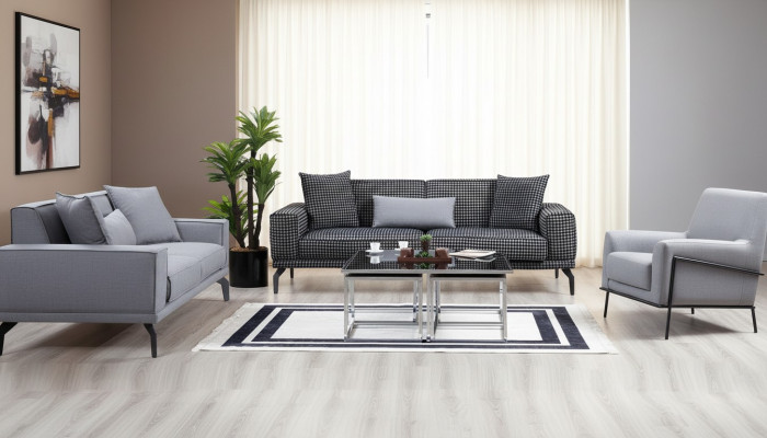 Szary Zestaw sofowy Kompletny zestaw wypoczynkowy sofa tapicerowana sofa materiałowa