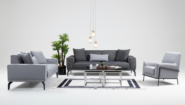 Szary Zestaw sofowy Kompletny zestaw wypoczynkowy sofa tapicerowana sofa materiałowa