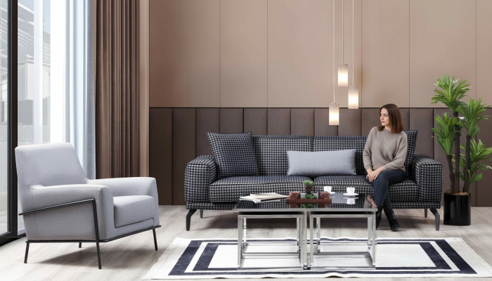 Sofa tapicerowana Kompletny zestaw sofowy Zestaw sofowy Szare miejsce do siedzenia z materiałową sofą