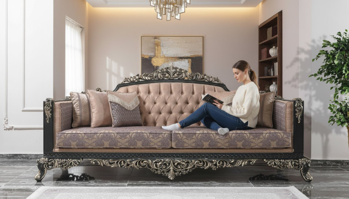 Sofa trzyosobowa 3 miejsce siedzące sofa tapicerowana sofa materiałowa beżowa barokowa kanapa