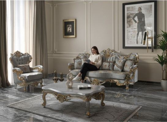 Luksusowa sofa tapicerowana Zestaw sofowy Kompletny zestaw wypoczynkowy Sofa z szarej tkaniny