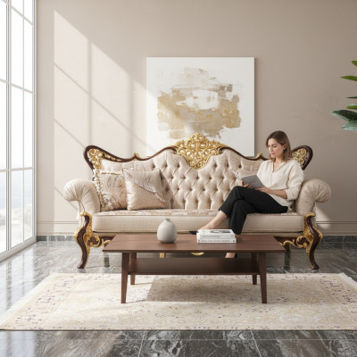 Sofa trzyosobowa 3 miejsce siedzące sofa tapicerowana sofa materiałowa beżowy barokowy poliester
