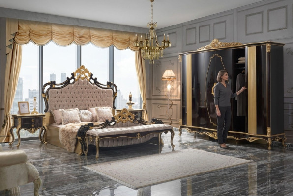 Chesterfield Luxury Sypialnia Ustawić łóżko Podwójne łóżko 5szt. Czarny