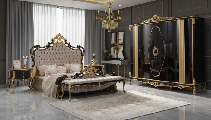 Chesterfield Luxury Sypialnia Ustawić łóżko Podwójne łóżko 5szt. Czarny