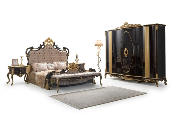 Chesterfield Luxury Sypialnia Ustawić łóżko Podwójne łóżko 5szt. Czarny
