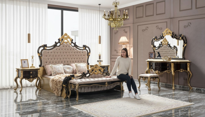 Podwójne łóżko Ustawić Chesterfield Luxury Sypialnia Łóżko 6szt Czarne łóżko