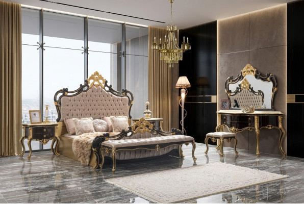 Podwójne łóżko Ustawić Chesterfield Luxury Sypialnia Łóżko 6szt Czarne łóżko