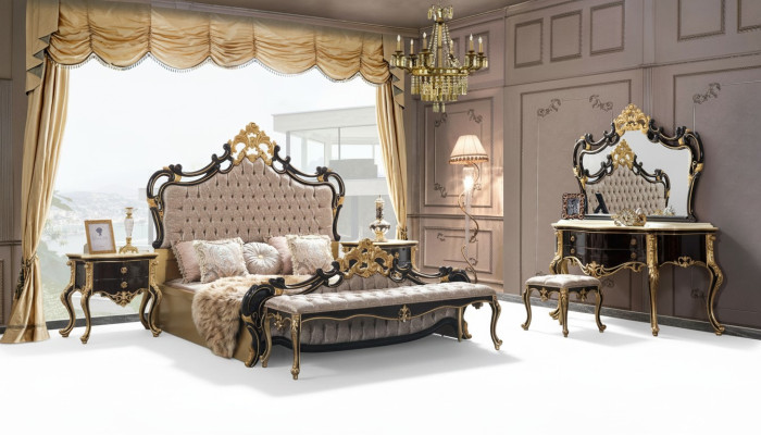 Podwójne łóżko Ustawić Chesterfield Luxury Sypialnia Łóżko 6szt Czarne łóżko