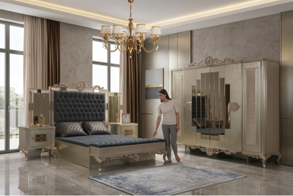 Podwójne łóżko Chesterfield Luxury Sypialnia Ustawić łóżko 5szt Złote łóżko
