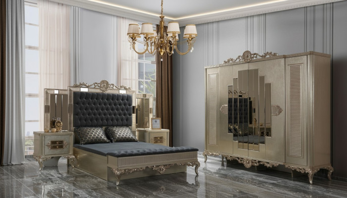 Podwójne łóżko Chesterfield Luxury Sypialnia Ustawić łóżko 5szt Złote łóżko