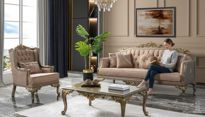 Chesterfield Zestaw sofowy Trzyosobowy Fotel Materiałowy stolik kawowy Beżowy Nowość