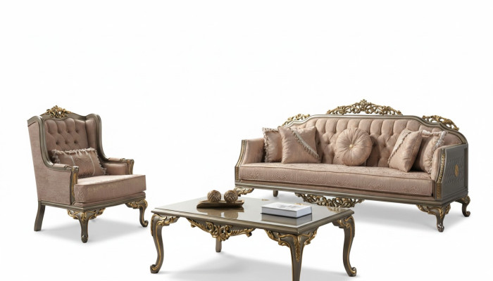 Chesterfield Zestaw sofowy Trzyosobowy Fotel Materiałowy stolik kawowy Beżowy Nowość