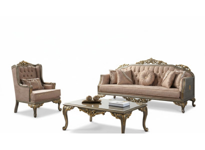 Chesterfield Zestaw sofowy Trzyosobowy Fotel Materiałowy stolik kawowy Beżowy Nowość