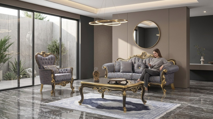 Chesterfield Zestaw sofowy tapicerowana sofa trzyosobowa niebieska komplet foteli