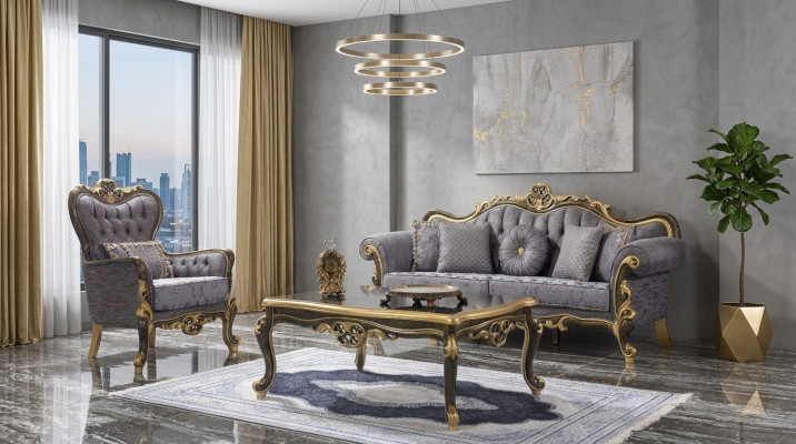 Chesterfield Zestaw sofowy tapicerowana sofa trzyosobowa niebieska komplet foteli