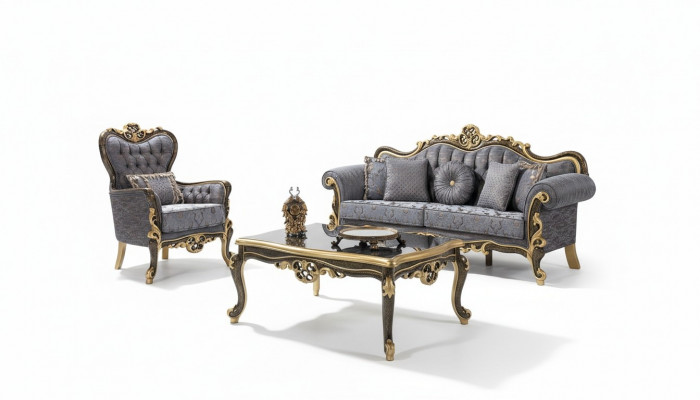 Chesterfield Zestaw sofowy tapicerowana sofa trzyosobowa niebieska komplet foteli