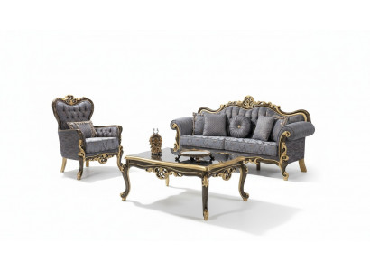 Chesterfield Zestaw sofowy tapicerowana sofa trzyosobowa niebieska komplet foteli
