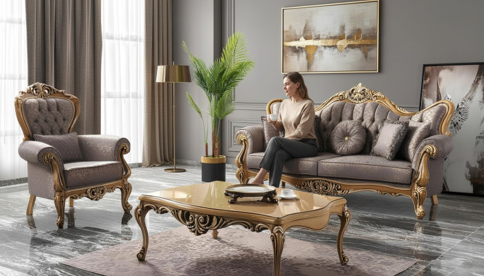 Chesterfield Zestaw sofowy Trzyosobowy Fotel Materiał stolik kawowy Szara sofa
