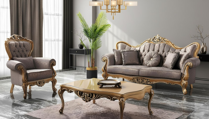 Chesterfield Zestaw sofowy Trzyosobowy Fotel Materiał stolik kawowy Szara sofa