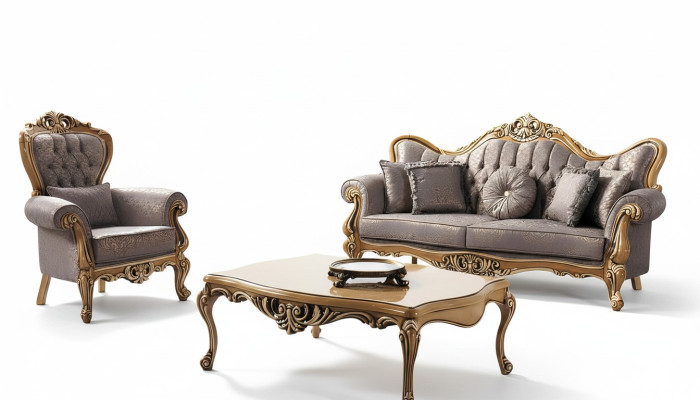 Chesterfield Zestaw sofowy Trzyosobowy Fotel Materiał stolik kawowy Szara sofa