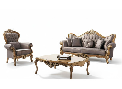 Chesterfield Zestaw sofowy Trzyosobowy Fotel Materiał stolik kawowy Szara sofa