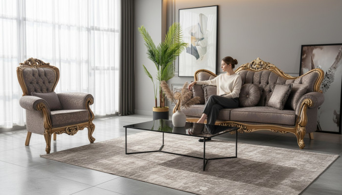 Sofa Tapicerowana Chesterfield Ustawić Zestaw sofowy Materiał Sofa Szara Komplet Nowy