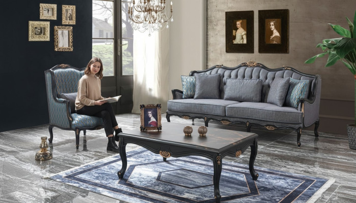 Chesterfield Zestaw sofowy trzymiejscowy Fotel Materiał stolik kawowy Blue Nowość