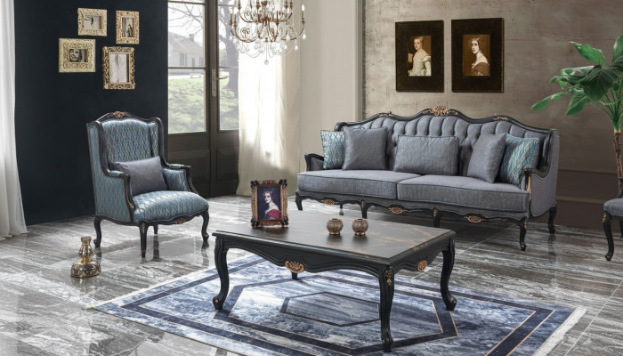 Chesterfield Zestaw sofowy trzymiejscowy Fotel Materiał stolik kawowy Blue Nowość
