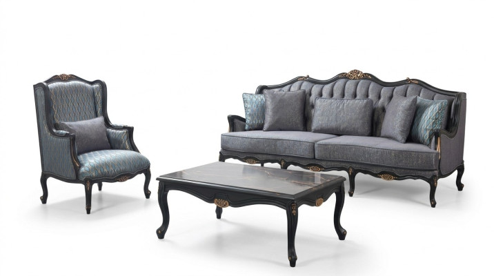 Chesterfield Zestaw sofowy trzymiejscowy Fotel Materiał stolik kawowy Blue Nowość