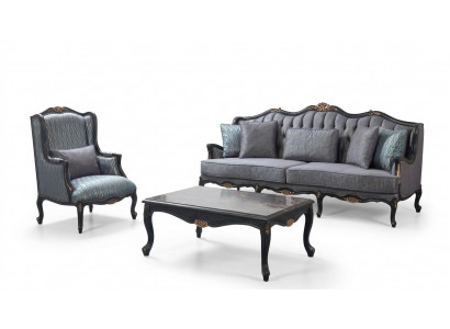 Chesterfield Zestaw sofowy trzymiejscowy Fotel Materiał stolik kawowy Blue Nowość