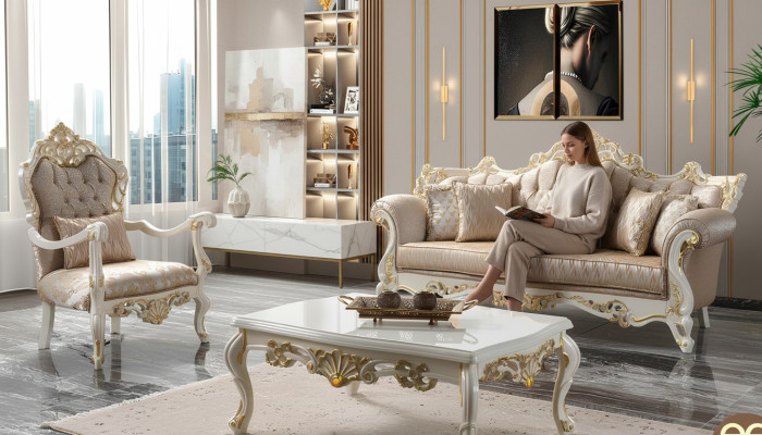 Luksusowy zestaw wypoczynkowy Ustawić sofę tapicerowaną Chesterfield Material sofa beżowa