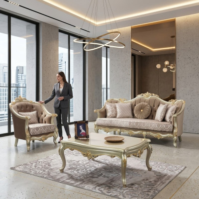 Sofa materiałowa Sofa tapicerowana Ustawić zestaw sofowy Beżowy zestaw Chesterfield
