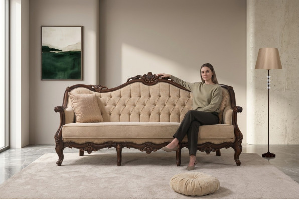 Sofa trzyosobowa 3 Siedziba sofa materiałowa sofa tapicerowana beżowy materiał Chesterfield 235cm