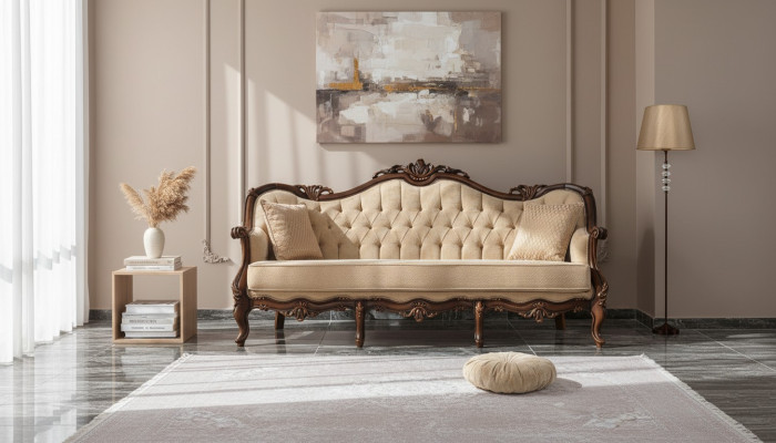 Sofa trzyosobowa 3 Siedziba sofa materiałowa sofa tapicerowana beżowy materiał Chesterfield 235cm