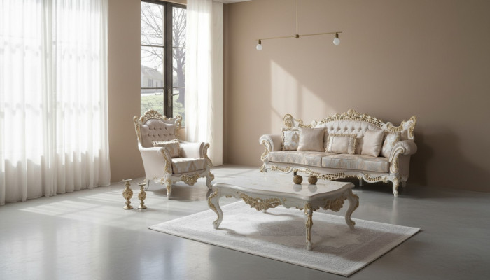 Luksusowy Zestaw sofowy Kompletny zestaw wypoczynkowy Sofa tapicerowana w kolorze beżowym Sofa materiałowa