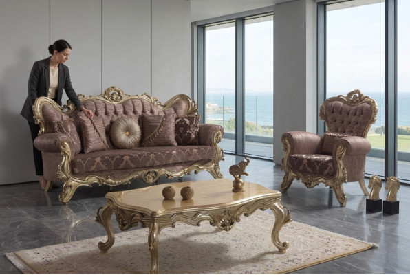 Zestaw sofowy kanapa tapicerowana fioletowa sofa materiałowa Chesterfield komplet 3+1