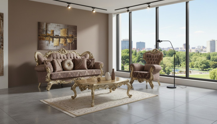 Zestaw sofowy kanapa tapicerowana fioletowa sofa materiałowa Chesterfield komplet 3+1