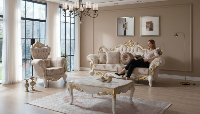 Sofa tapicerowana komplet wypoczynkowy Zestaw sofowy w kolorze beżowym Sofa materiałowa