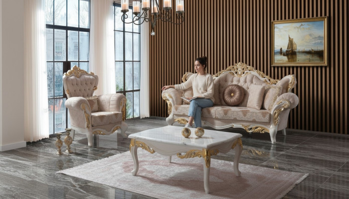 Luksusowy Zestaw sofowy Kompletny Zestaw Sof Beżowa Tapicerowana Sofa Sofa Tkaninowa