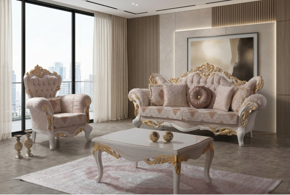 Luksusowy Zestaw sofowy Kompletny Zestaw Sof Beżowa Tapicerowana Sofa Sofa Tkaninowa