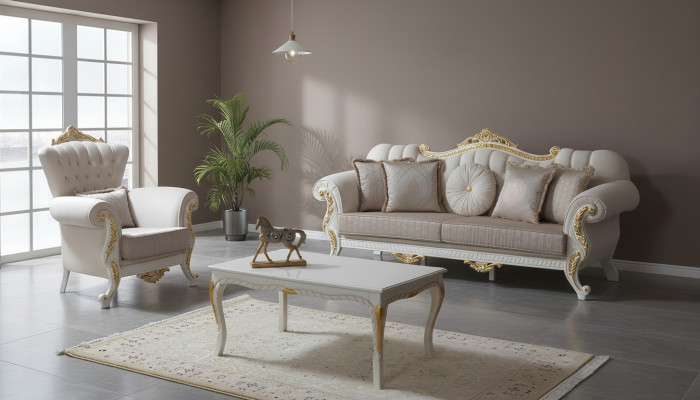 Luksusowy Zestaw sofowy Kompletny zestaw wypoczynkowy Sofa tapicerowana w kolorze beżowym Sofa materiałowa