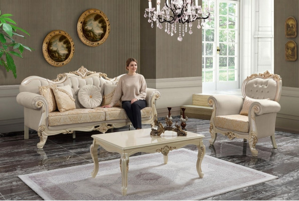 Luksusowy Zestaw sofowy Kompletny zestaw wypoczynkowy Sofa tapicerowana w kolorze beżowym Sofa materiałowa