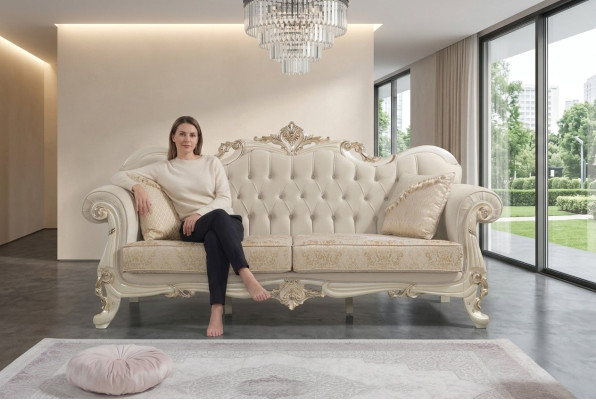 Sofa trzyosobowa 3 Siedziba sofa materiałowa sofa tapicerowana beżowy materiał Chesterfield