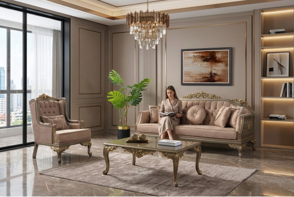 Luksusowy komplet wypoczynkowy Zestaw sofowy sofa tapicerowana w kolorze beżowym