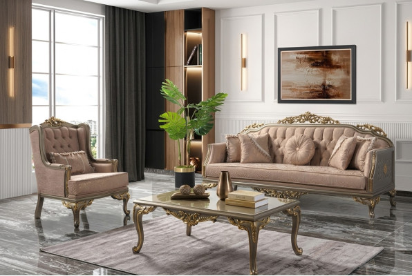 Luksusowy komplet wypoczynkowy Zestaw sofowy sofa tapicerowana w kolorze beżowym
