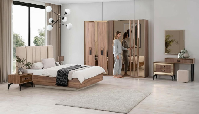 Luksusowe Podwójne łóżko Sypialnia Ustawić Łóżko Drewno Zestaw 7szt Brązowy Modern