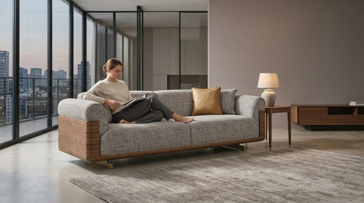 Sofa trzyosobowa 3 miejsce do siedzenia sofa tapicerowana szary materiał poliester kanapa nowoczesna