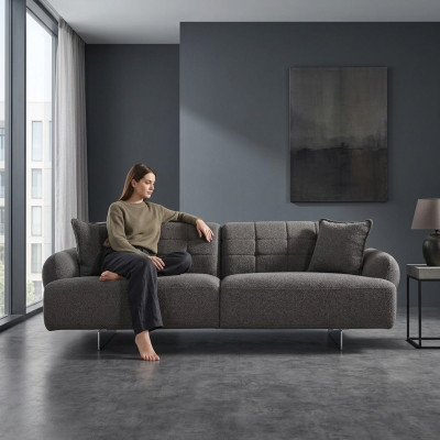 Sofa trzyosobowa 3 miejsce do siedzenia sofa tapicerowana szary materiał poliester kanapa nowoczesna nowa