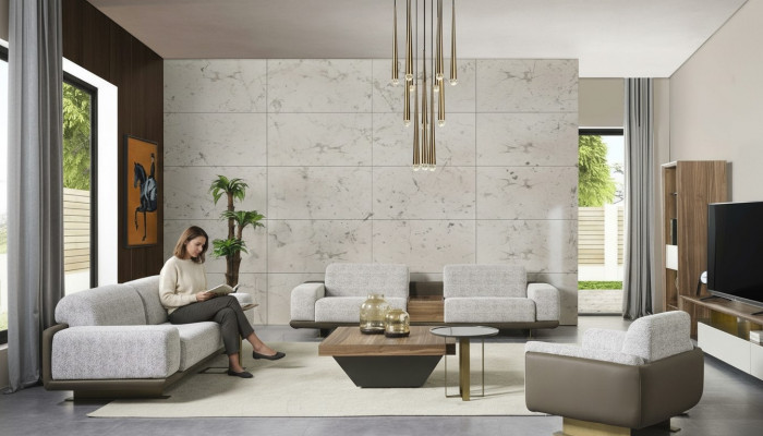 Grupa Couchen Kompletna sofa tapicerowana szara sofa materiałowa Zestaw sofowy 3-częściowy